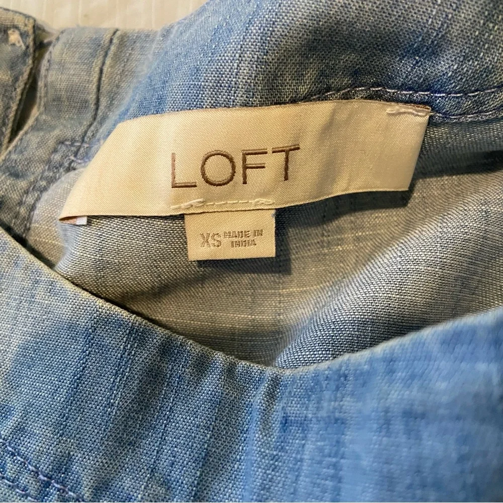 LOFT Chambray Boho Top Blouse Elbow Puff Sleeve Peasant Coastal Oversized XS